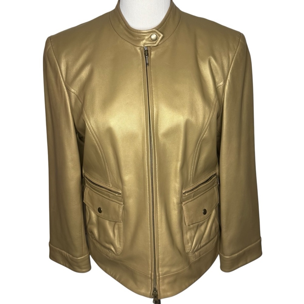 VTG Casual Corner Gold Leather Moto Jacket Womens Size L Retro Biker Brass Studs
